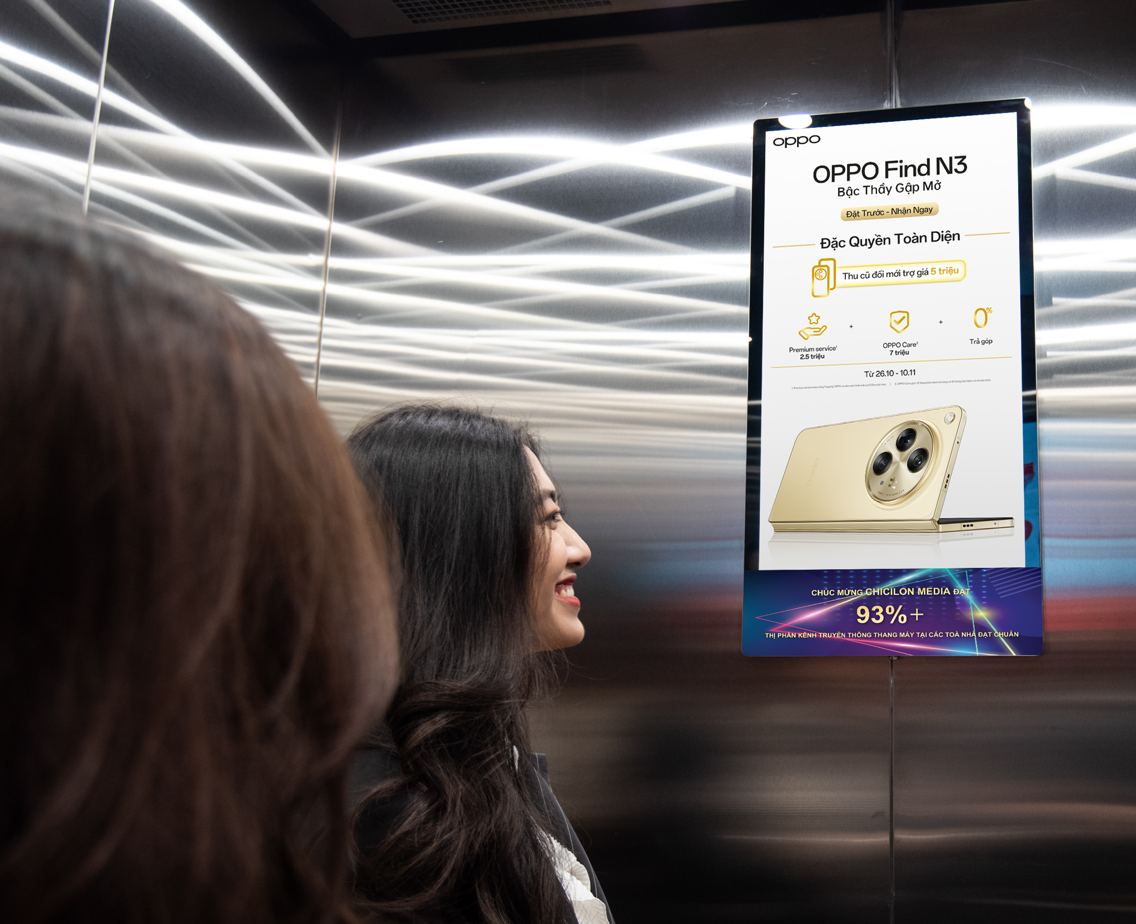 An elevator cabin with Chicilon Media advertising creens installed